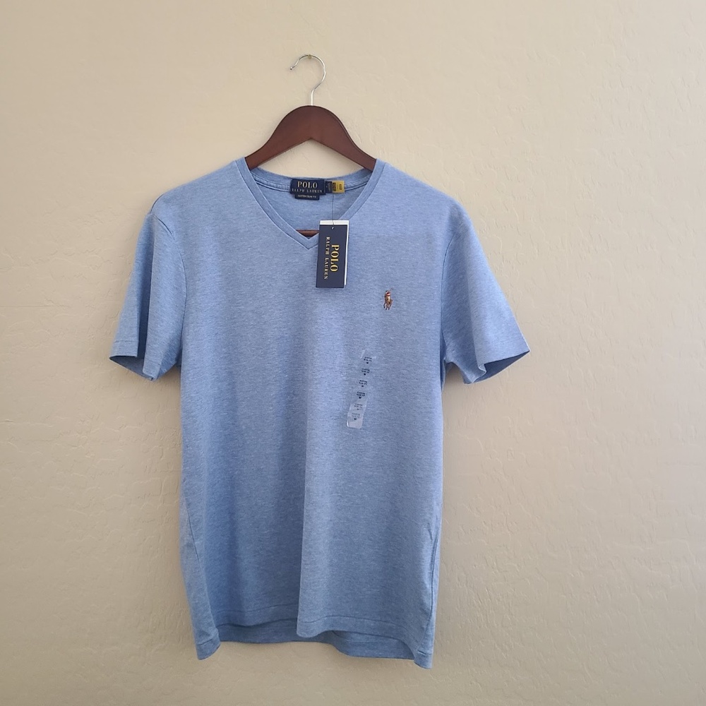 Polo Ralph Lauren Mens Medium Custom Slim Fit Light Blue  Medium V-neck Shirt